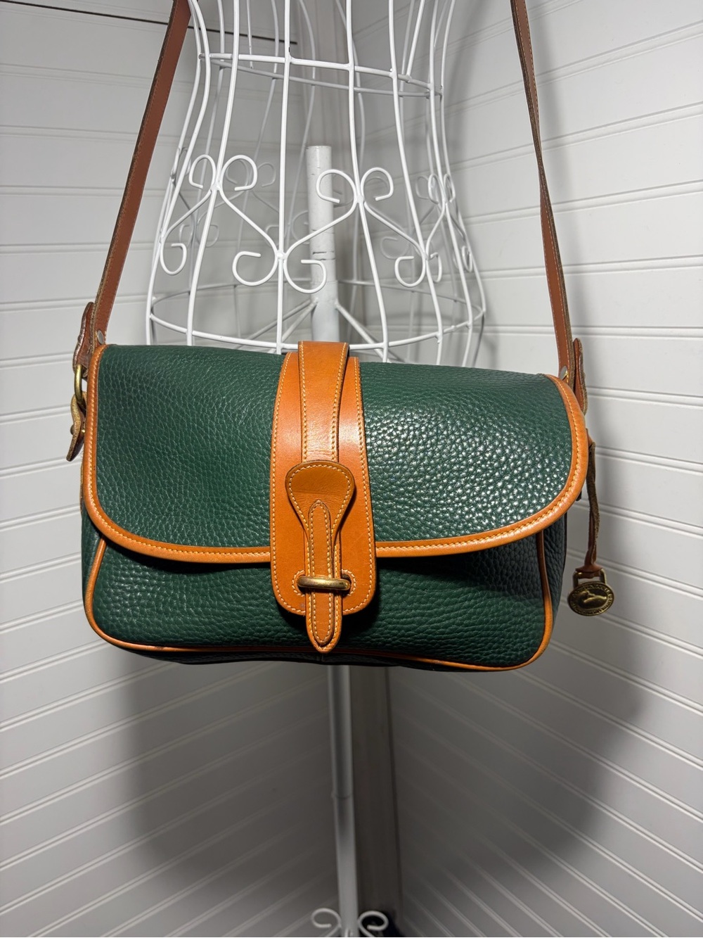 Vintage Dooney & Bourke Fir Green and British Tan Pebble Leather Crossbody